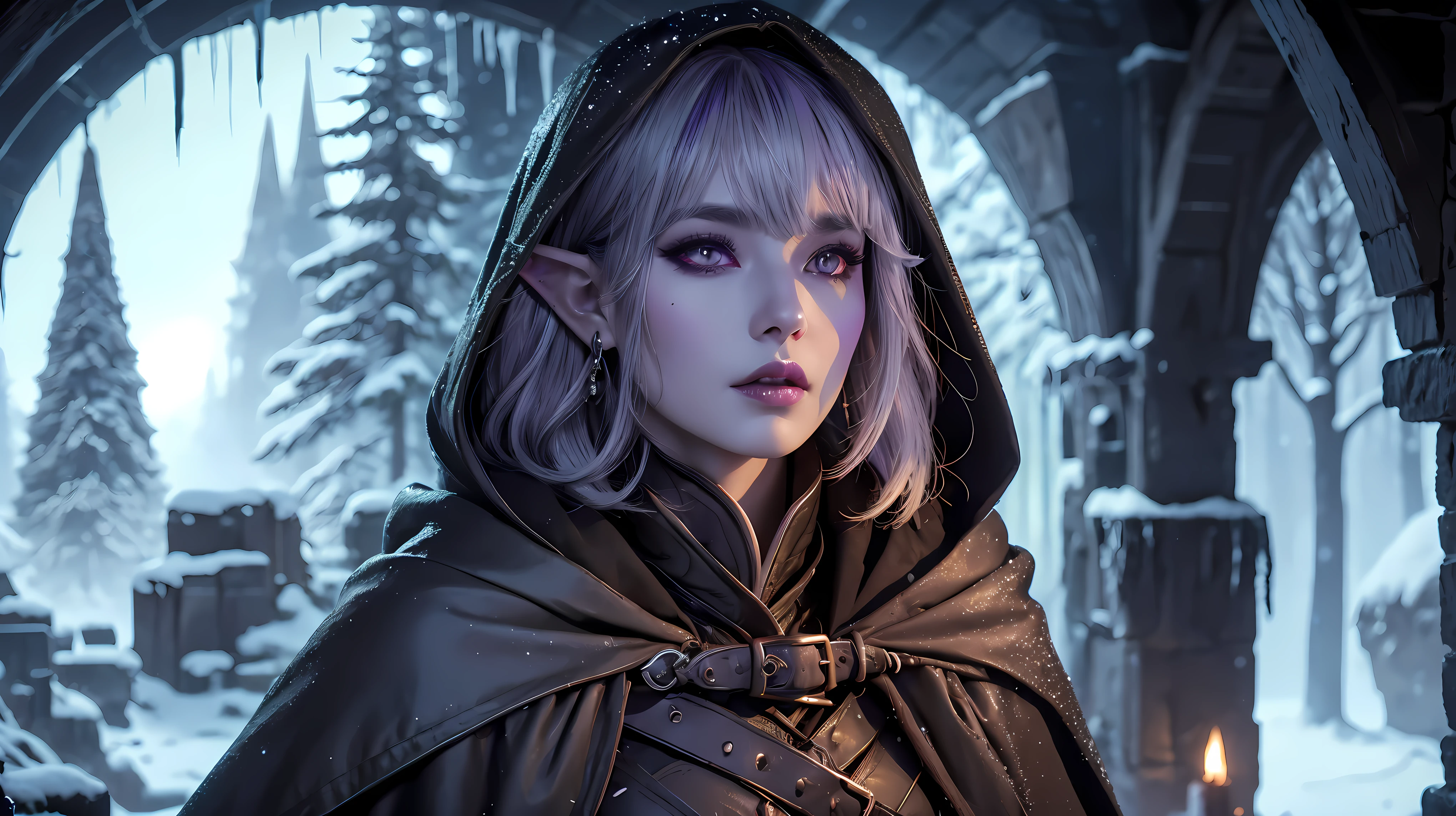 (Ultra-detailed face, looking away, Fantasy Illustration with Gothic, Ukiyo-e, Comic Art, Rich colors), 
BREAK 
(A female dark elf ranger looks up at the sky from the entrance to her medieval-style leather-grafted tent and wonders about the weather. It is late at night outside, there is no wind, and the snow is falling deep. It is very cold and his breath is white.), 
BREAK 
(This is the extreme cold of the north. The trees in the forest have turned to ice, the starlust is falling, and the air is so cold that it glistens.), 
BREAK 
(DarkElves: A middle-aged dark elf woman with silver color hair, blunt bangs, bob cut and dark purple color skin, lavender color eyes.), 
BREAK 
(DarkElves: A female dark elf ranger is wearing a thick, fur-lined cloak with a hood. She wears a woolen scarf and gloves.)