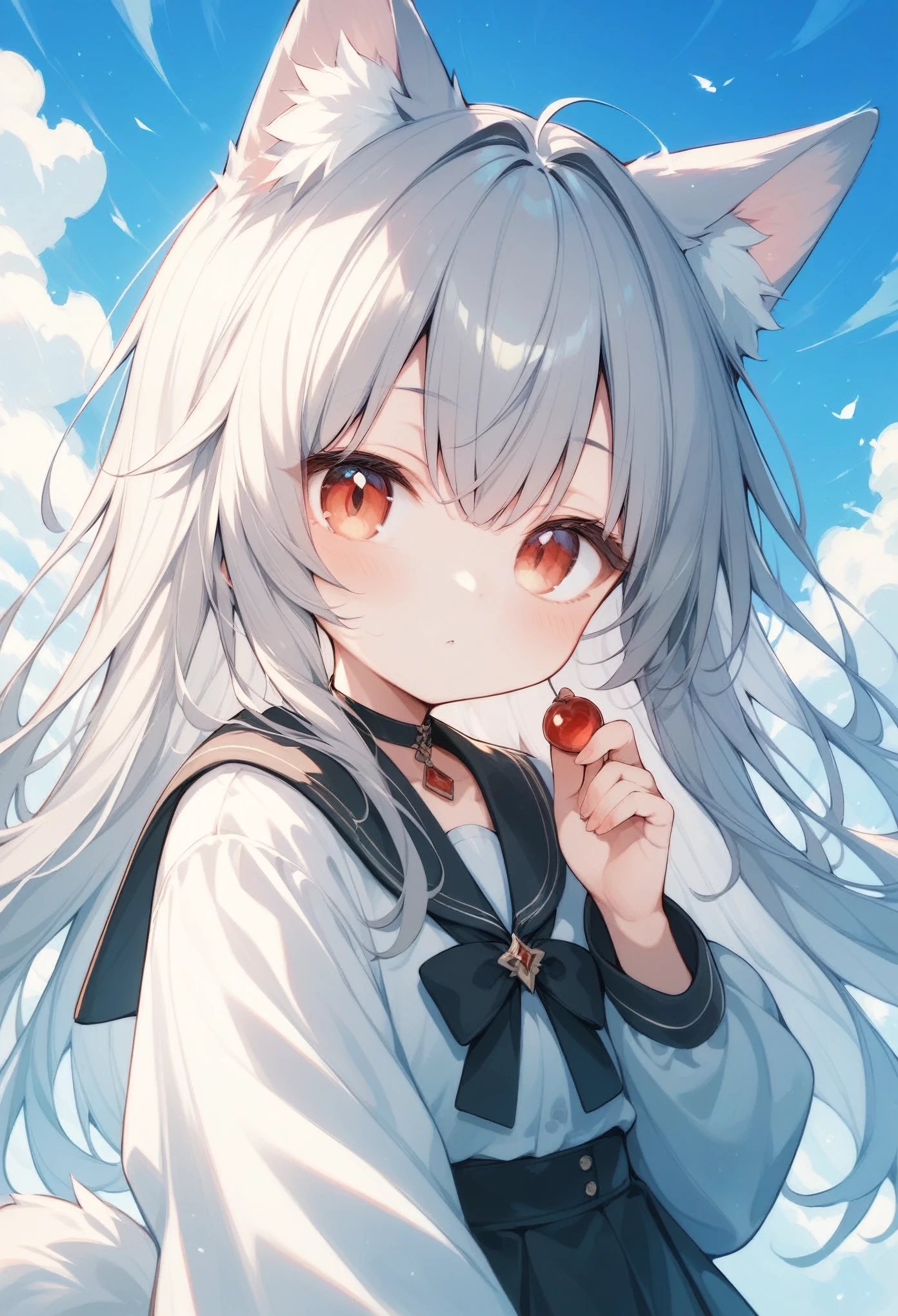 (score_9, score_8_up, score_7_up, score_6_up, score_5_up, score_4_up),Warm Hues 、White fox girl  、Grey Hair、  Smooth Long Hair  、Fox Ears、  Fox's Fluffy Tail  、Ruby Eyes、 Oblique Eyes、:<,cute、Sleepy eyes