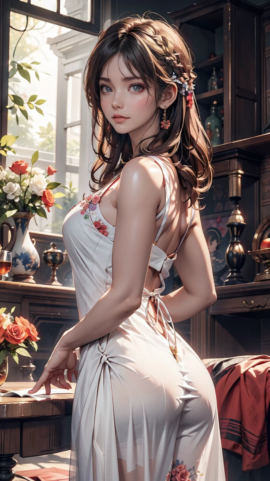 A young couple is romancing inside a vintage house. The woman is wearing a sexy short dress and has big hips. It is evening.