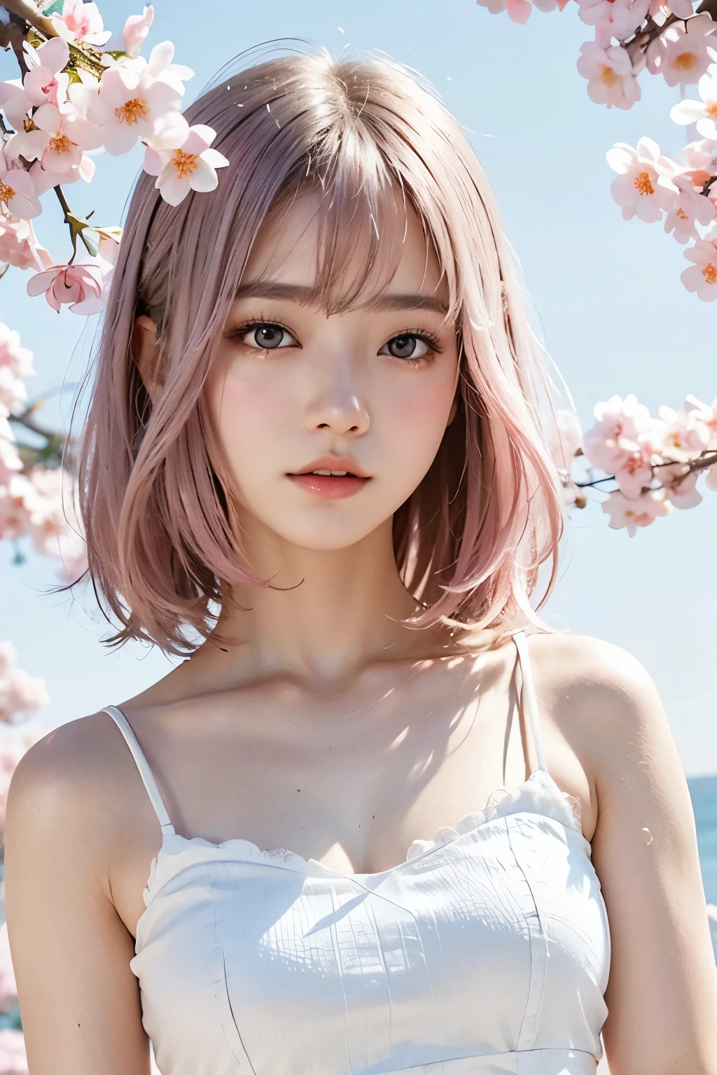 Light pink hair, pink eyes, pink and white, sakura leafs, vivid colors, white dress, paint splash, simple background, ray tracing, wavy hair