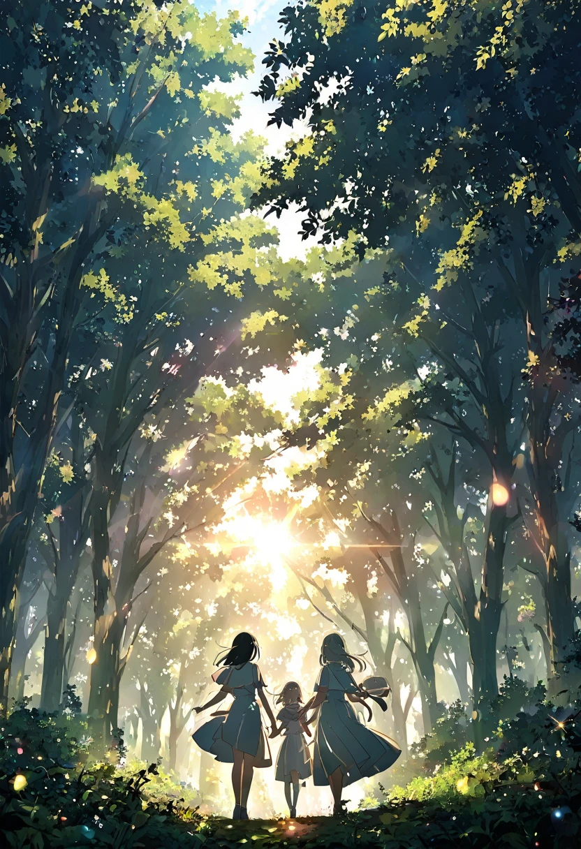 ((anime))、pastel、 woman,Black Hair,White clothes,Holding back hair,Standing in the woods , light shines through the trees, shining sunlight filtering through the trees ,sunny