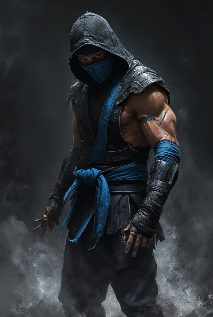 Dynamic picture. Mortal Kombat - ninja Sub-Zero - in a black and blue suit, muted palette and dry brush technique, creating a feeling of hopelessness, desolation, despair, dirt, dark monochrome background. (Minimalism: 1). Ideal body anatomy.
