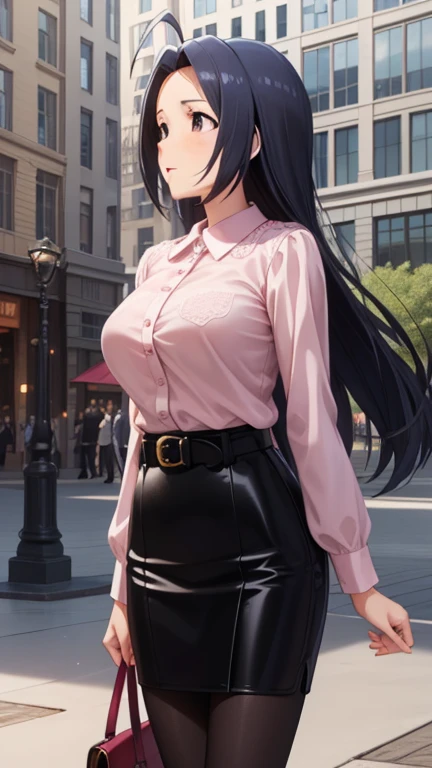  masterpiece,  best quality,  Kampala,  beautiful eyes with attention to detail,  extremely detailed faces playing in the fountain square, Good lighting, Detailed CG,  Glossy lips, 、 pink shirt、 Long Sleeve 、  shirt tuck in 、White Belt、  Pencil Skirt 、 black skirt 、 black pantyhose 、 High Heels 、  red footwear  , Ahoge