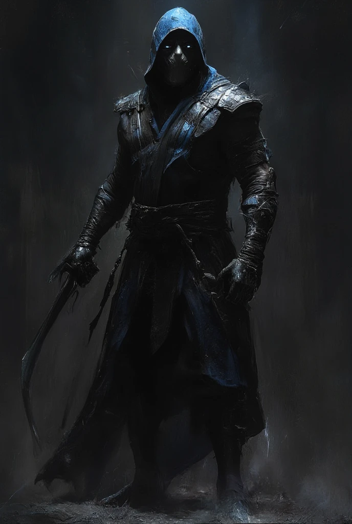 Dynamic picture. Mortal Kombat - ninja Sub-Zero - in a black and blue suit, muted palette and dry brush technique, creating a feeling of hopelessness, desolation, despair, dirt, dark monochrome background. (Minimalism: 1). Ideal body anatomy.
