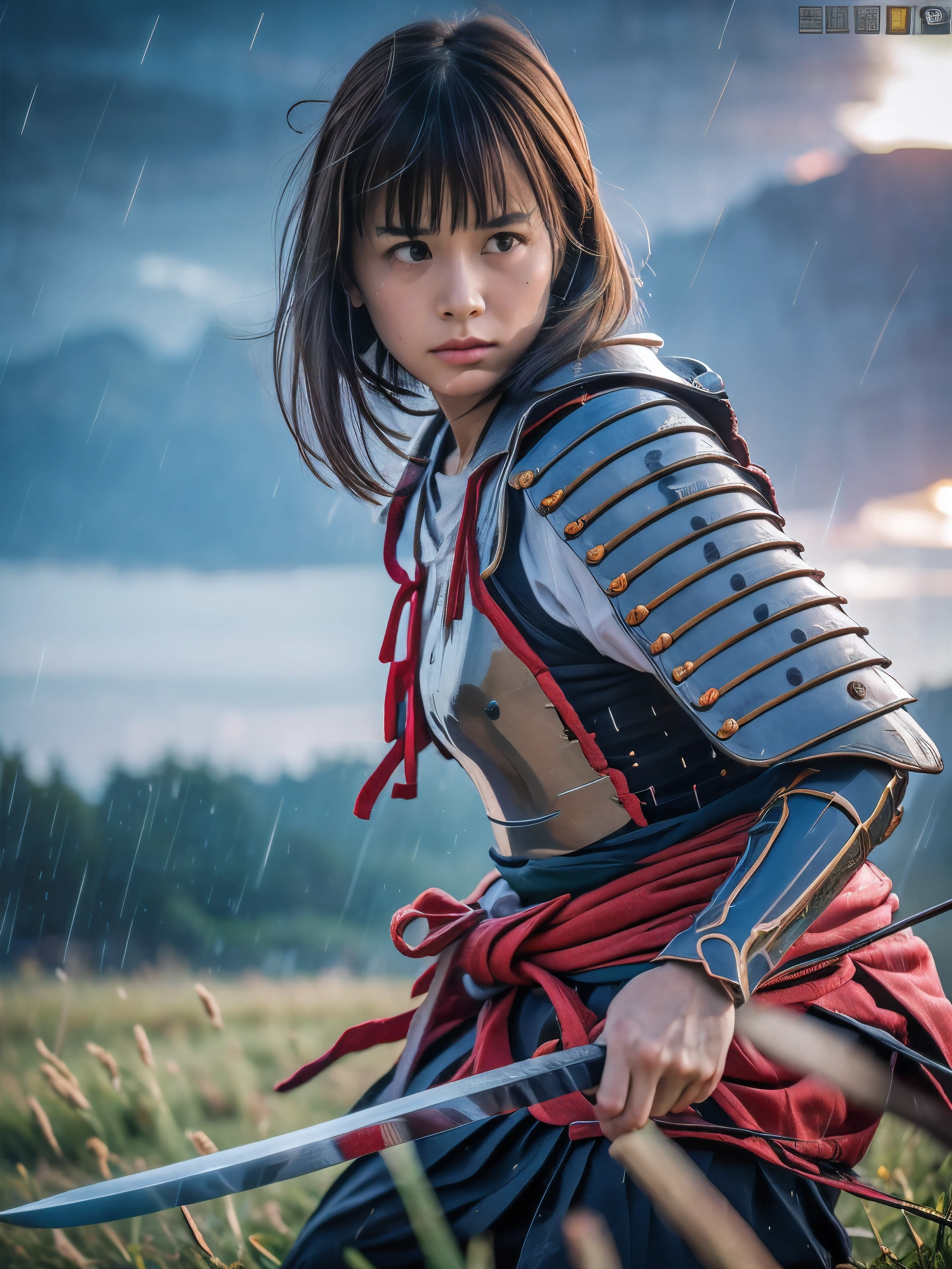 (Close up portrait of one slender small breasts round face brown short hair with bangs girl in a green colored dirty bloody armor warrior as samurai in Japan at raining:1.5)、(One girl hold Japanese traditional white blade sword on hand under the raining sky on the grassland in old Japan with crying dirty bloody face:1.5)、(Heavy raining dark sky:1.5)、(blurred background:1.5)、(Natural light:1.5)、(8k ultra detailed master piece:1.5)、(perfect anatomy:1.5)、(Photorealistic stick:1.5)、(Raw photo:1.3)、(highest quality:1.5)、(High resolution:1.3)、(Delicate and beautiful perfect face:1.3)、(Delicate and beautiful eye air skin:1.3)、(Real Human Skin:1.3)、((thin legs))