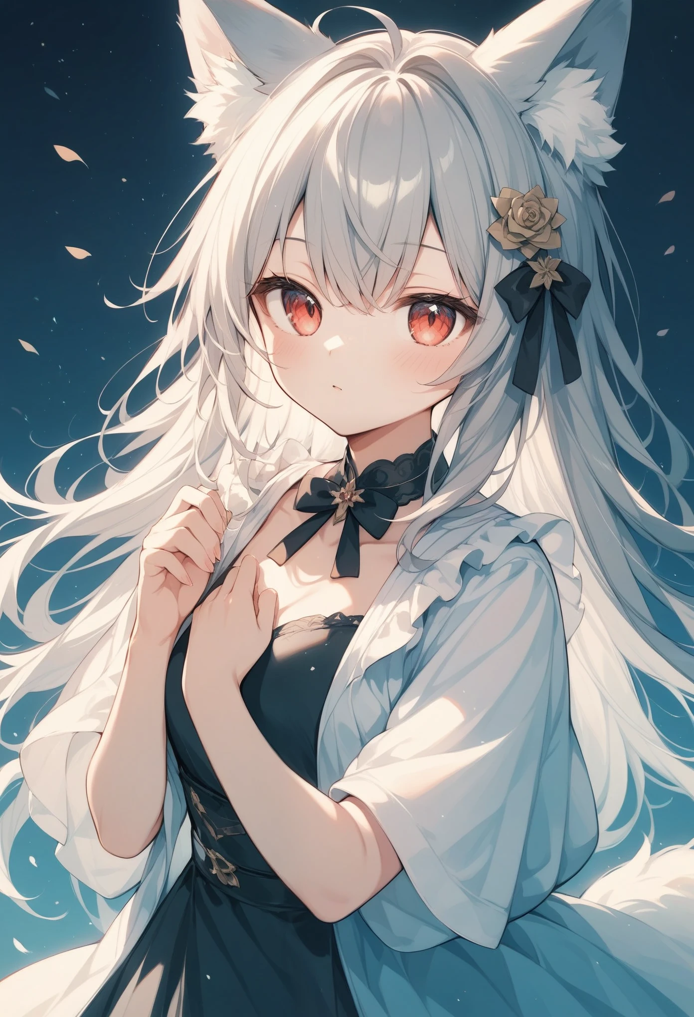 (score_9, score_8_up, score_7_up, score_6_up, score_5_up, score_4_up),Warm Hues 、White fox girl  、Grey Hair、  Smooth Long Hair  、Fox Ears、  Fox's Fluffy Tail  、Ruby Eyes、 Oblique Eyes、:<,cute、Sleepy eyes