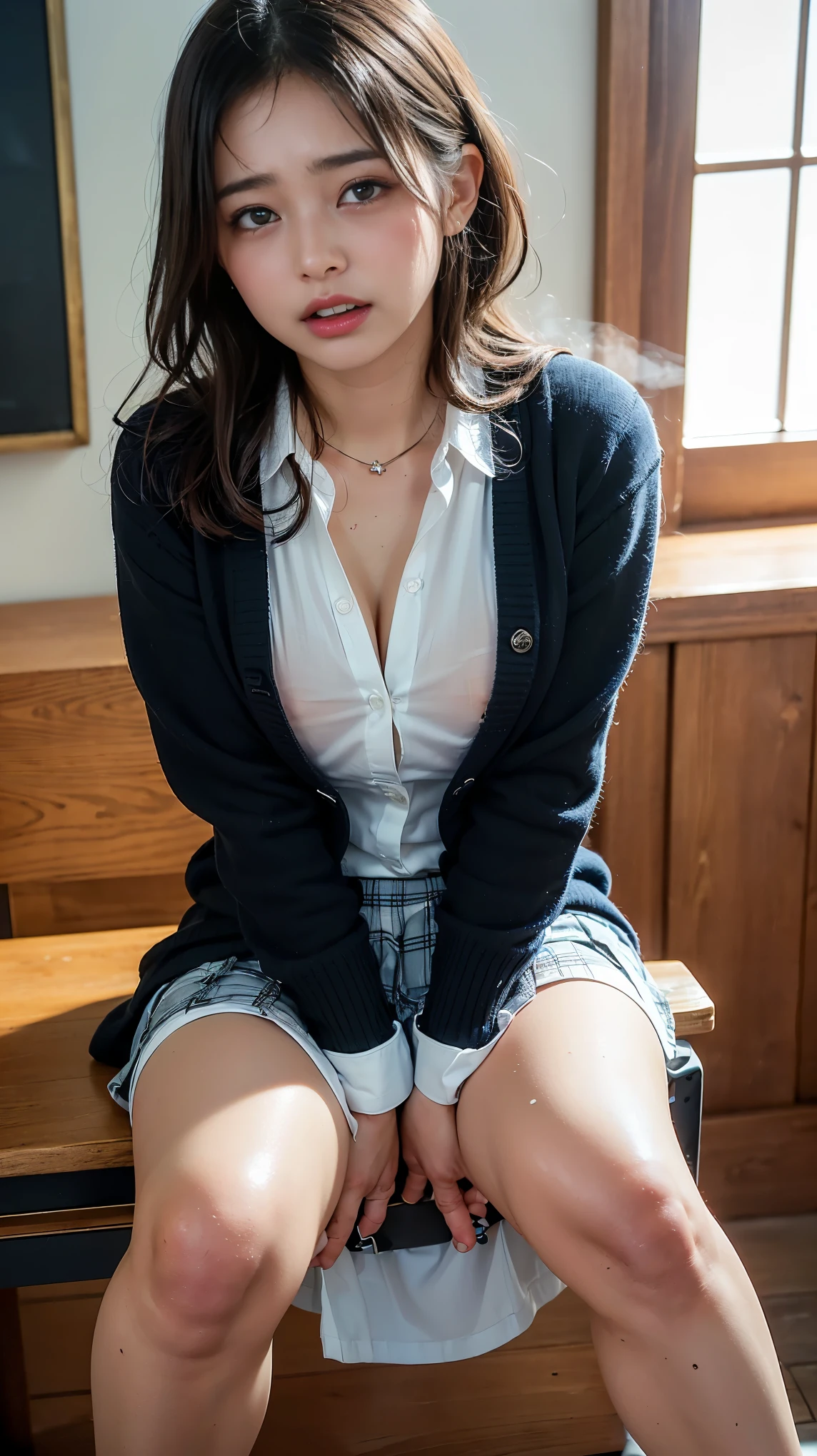 Highest quality,Very detailed,masterpiece,Henterrealism,Unusual photos,Bright lighting,1 girl, Very beautiful 17 year old girl, (cute:1.2),A faint smile, (Brown eyes),(Brown Hair),(short hair),Perfect glowing skin,Perfect Skin,((erotic,Sexy and sexually explicit)),((Accurate Pointer,No discomfort)), Big and ample breasts,Big breasts and small waist, Looking at the audience,((Navy Blue Cardigan)),((Long sleeve uniform white shirt)),(Blue Ribbon),(Checked skirt),(((スカートをLift it yourself))),(Lift it yourself),(((Showing panties))),Wearing panties,Panty Focus,((get up,Spread your legs)), socks, (black knee socks),(Loafer shoes), Daytime,in the train,Horizontal bench seat,turn your back to the window
