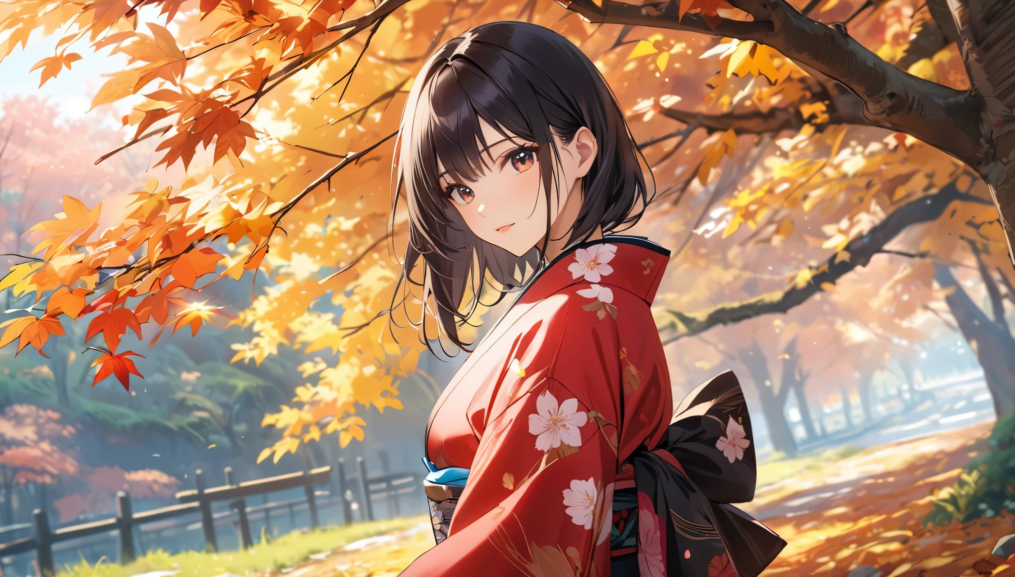 (Highest quality, 4K, 8k, High resolution, masterpiece:1.2), Very detailed, Picturesque, Anime style photo, Photo Anime:1.37)、A beautiful Japanese woman, kimono, 
black hair, autumn, whole body