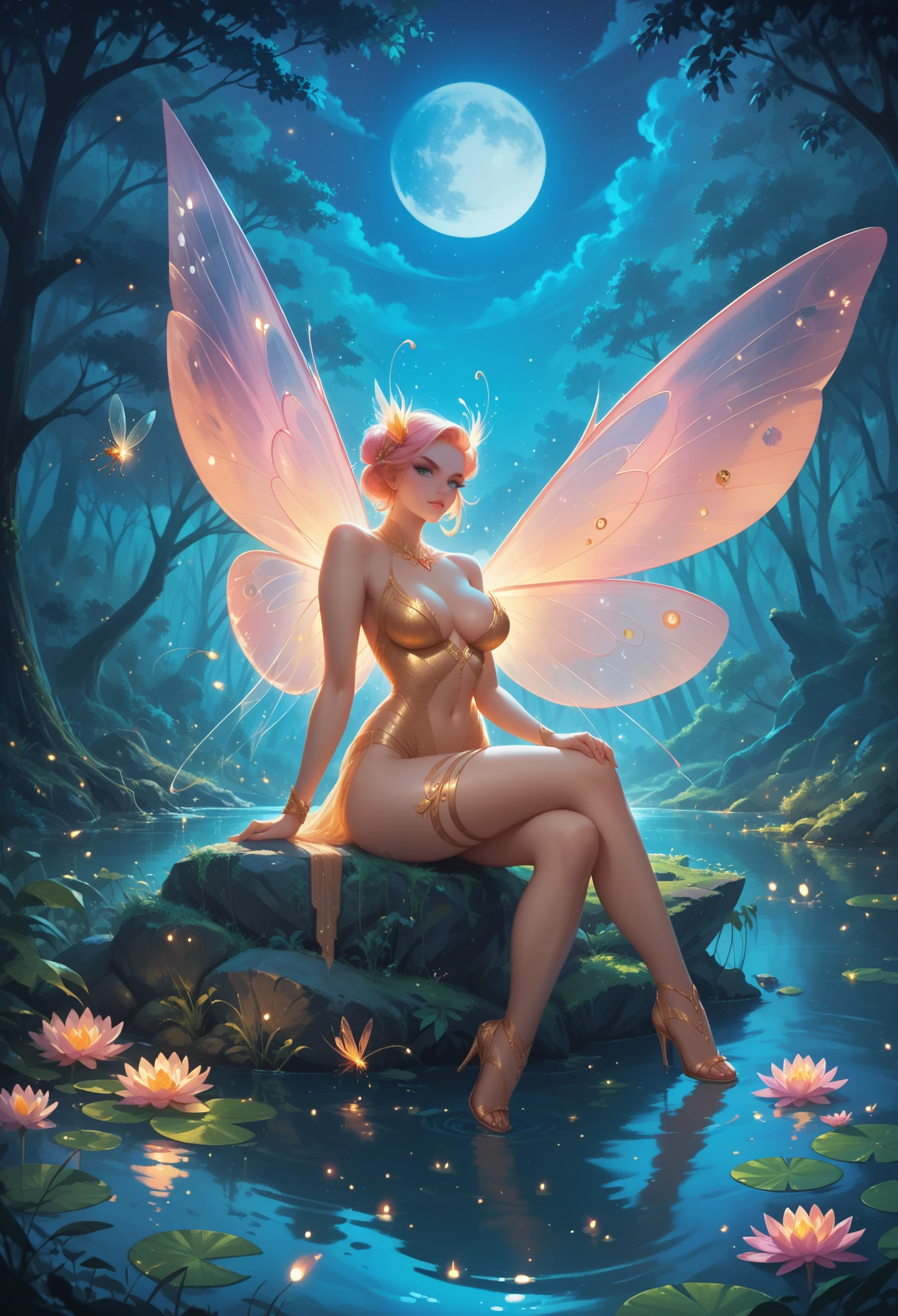 core_9, score_8_up, score_7_up, wings, Girl Adult , curvy shapes, bright colors, light clothing, Background Forest, night light, beautiful pond , moon glare , Moon half moon , Girl near the pond sits on a Rock, Looking at the Water , Shine, magic, masterpiece, fireflies, 8 k, Maximum Quality , Complex details ,