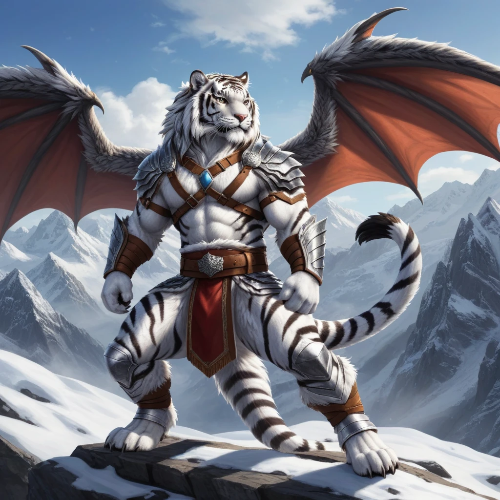 (white tiger:1.2), (very large dragon wings :1.7), Full Body, heavily muscled er Flügelarm, Tiger pattern all over the body , (with mane:1.4), heavily muscled , Wing membrane ,  fingers with medium-length claws,  toes with long claws , decorated belt , (Gray:1.2) iron combat bindings, (Furry:1.5), ( very detailed fur:1.3), in the high mountains, Full Body, very high quality,  High resolution , detailed background