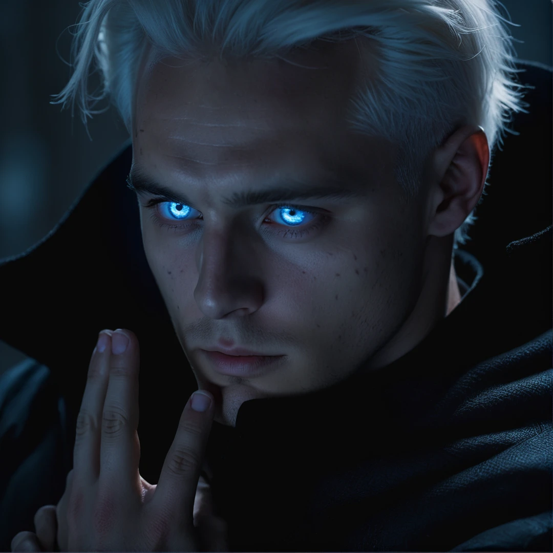 masterpiece, realism, high quality, 8k, beautiful lighting, dynamic pose, 1man, solo, gloomy environment, 20 years old, stitches on the forehead, white hair combed back, blue luminous eyes, 2 fingers crossed in print