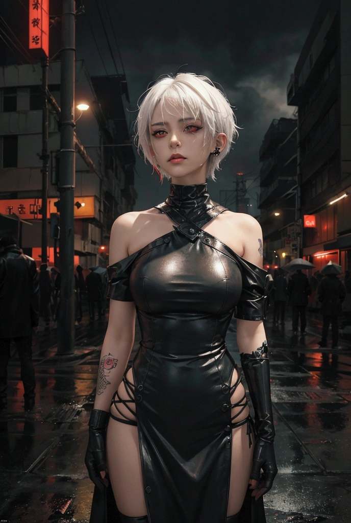 Anime style art.  The girl with short white hair and red eyes . Her black clothes ,  on one shoulder, you can see a tattoo depicting a demon .  Against the background of the atmosphere a scene in the rain with crosses ,  scene, emphasized by dark and red shades .  The girl's image emphasizes Gothic and futuristic elements,  including an ear piercing and an expression of determination on the face . Besides, . The girl stands against the background of the destroyed city ,  where the wreckage of buildings mingle with bright neon lights .  raindrops sweep around her ,  creating a sense of movement and dynamism .  The atmosphere of the image is full of loneliness and struggle ,  and also demonstrates the heroine's inner strength .  Her posture is confident ,  as if she is ready to withstand any challenge . . The color palette includes contrasting tones ,  that emphasize the drama of the .