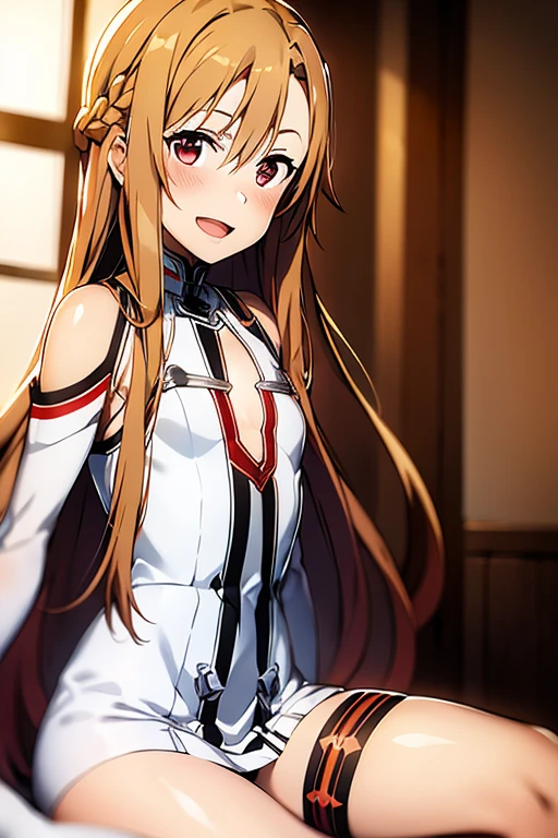 masterpiece, best quality, high resolution, ddasuna, long hair, brown hair,brown eyes, white gloves, white thighs, nude,