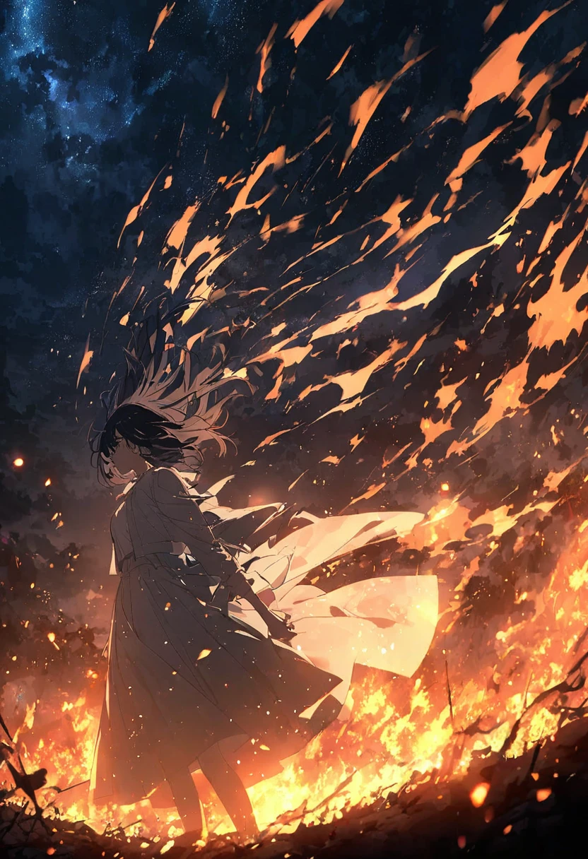 ((anime))、pastel、 woman,Black Hair,White clothes,Holding back hair,Strong winds,Inside the Hellfire , Standing in the Flames , Light Shines in from the Sky,night