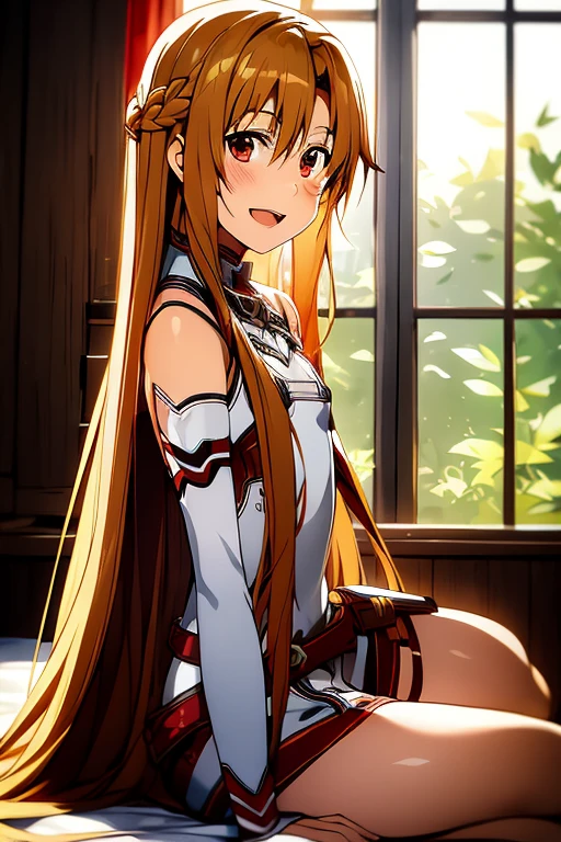 ((Best Quality)), ((masterpiece)), (be familiar with),  perfect face, indoor, bedroom,  watching viewers ,
One woman, Yuuki Asuna,
 open mouth , Ecstatic expression, blush, smile,
Small breasts,  flat chest, , ,  kids, Girl,
Long Hair,  long hair,
Leg spread,