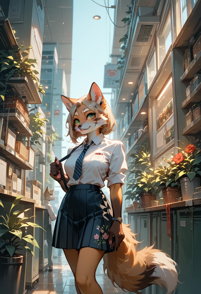 A furry fox with huge hanging boobs larger boobs, she cat handle the size of her boobs, wearing skirt floral, extremely detailed,highly professional quality,