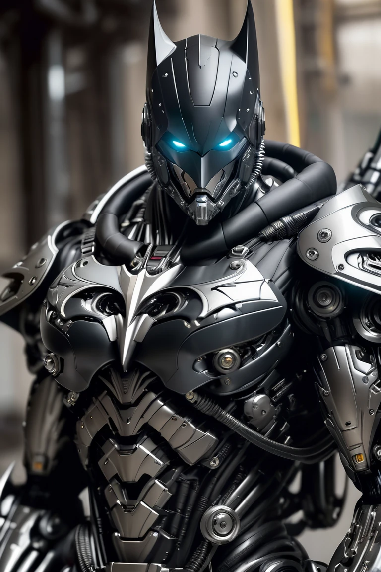  Mechanical Batman Special , Light Black Armor , With glossy silver metal armor, Wears smooth black armor,whole body machinery,Mechanical Empire , Cyberpunk Mechanic Soldier , Mechanical Forces ,whole body machinery,Full body photo