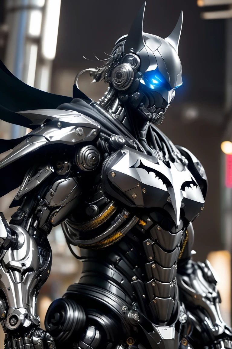  Mechanical Batman Special , Light Black Armor , With glossy silver metal armor, Wears smooth black armor,whole body machinery,Mechanical Empire , Cyberpunk Mechanic Soldier , Mechanical Forces ,whole body machinery,Full body photo