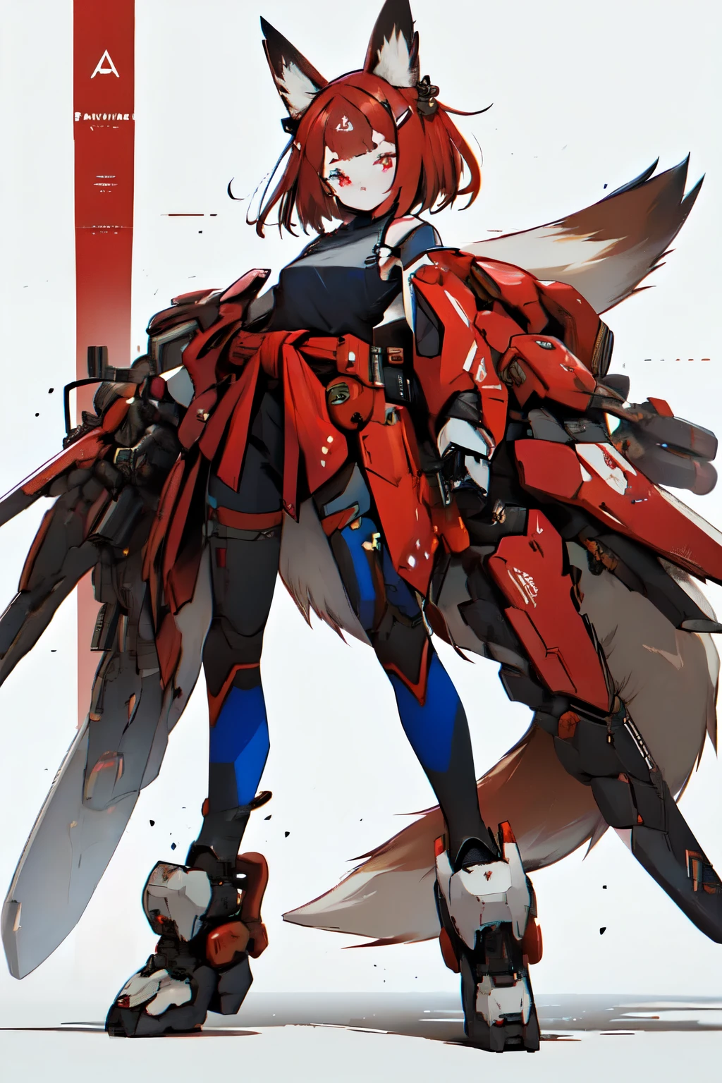 Masterpiece, intricate, anime style, full body, 1girl, rakkun, racoon girl, racoon ears, 1tail, fluffy tail, racoon tail, brown and light brown ringed tail, red and blue eyes blurred, short hair, red inner hair, brown hair, a strand of hair on the left side, red hair strips, short black shirt uncovered on the shoulders and with a black mesh with black borders up to the collar, polo shirt, short black skitr whit dark red checkered, black belt around the waist, looking at viewer, best quality, 4k,highres, professional art, professional drawing, professional lineart, outlined markers