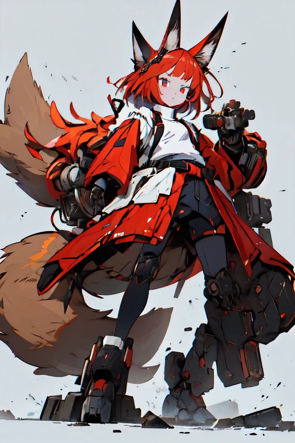 Masterpiece, intricate, anime style, full body, 1girl, rakkun, racoon girl, racoon ears, 1tail, fluffy tail, racoon tail, brown and light brown ringed tail, red and blue eyes blurred, short hair, red inner hair, brown hair, a strand of hair on the left side, red hair strips, short black shirt uncovered on the shoulders and with a black mesh with black borders up to the collar, polo shirt, short black skitr whit dark red checkered, black belt around the waist, looking at viewer, best quality, 4k,highres, professional art, professional drawing, professional lineart, outlined markers