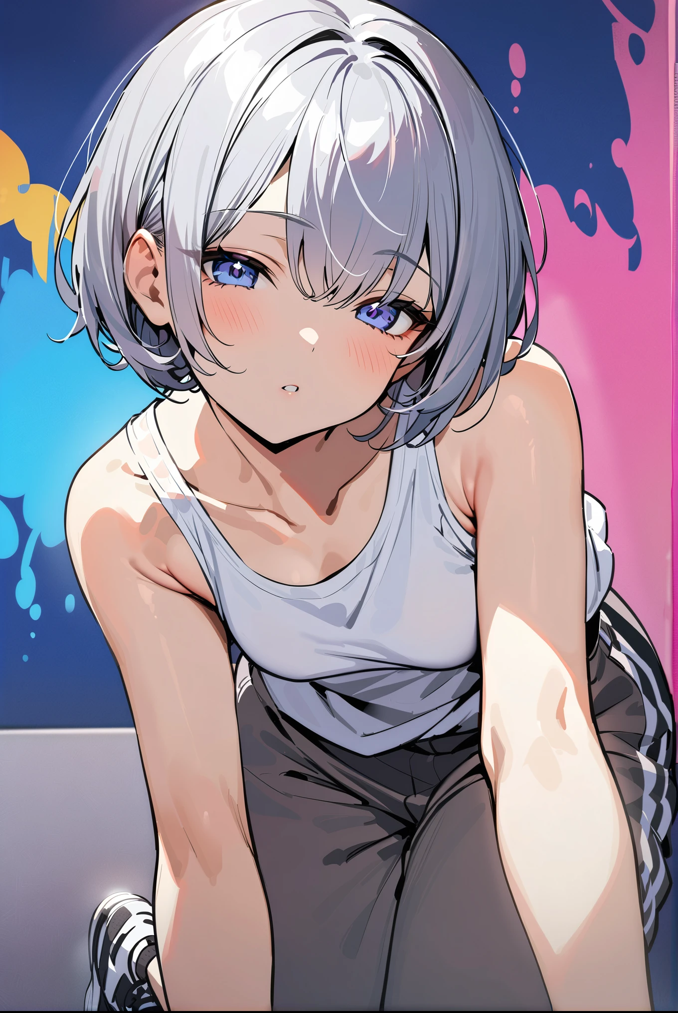 ((Highest quality, masterpiece:1.3)), (cowboy shot), (Sharp focus:1.2), (Beautiful woman with perfect figure:1.4), ((((silver) sheer short haircut))), (She is wearing gray oversized jogger pants and a white tank top.), (A woman in her twenties with a petite frame is leaning against the graffiti wall, looking at me.), (small chest), (black sneakers), (검은 눈동자와 푸른 눈을 가졌다.), (half-closed eyes), (fair skin).