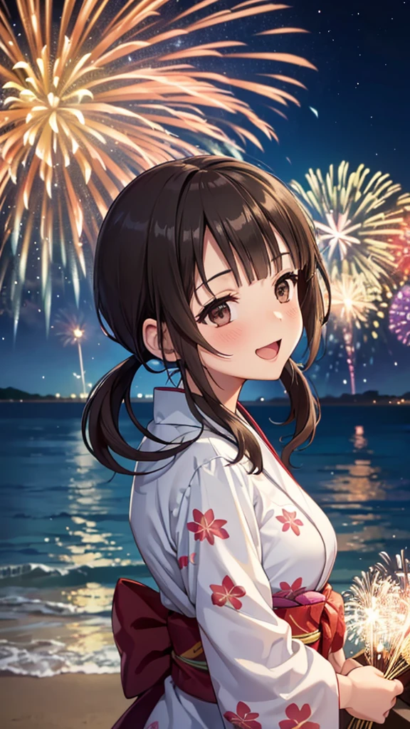 (16k, ultra high resolution,Best Quality,masterpiece,Super detailed,Perfect lighting ),((Very big bright fireworks:1.3)),((Summer Night:1.3)),Japanese Island,Okinawa looking back at the camera, low twintails,green yukata with floral pattern,Sea and beach, highly detailed facial features,  perfect face,  Close Your Eyes , anatomically correct body,open mouth,happy smile, taken from behind,Starry Sky,red cheek,((upper body Shot:1.3)),