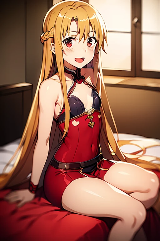 ((Best Quality)), ((masterpiece)), (be familiar with),  perfect face, indoor, bedroom,  watching viewers ,
One woman, Yuuki Asuna,
 open mouth , Ecstatic expression, blush, smile,
Small breasts,  flat chest, , ,  kids, Girl,
Long Hair,  long hair,
Leg spread,