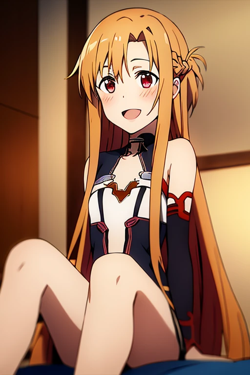 ((Best Quality)), ((masterpiece)), (be familiar with),  perfect face, indoor, bedroom,  watching viewers ,
One woman, Yuuki Asuna,
 open mouth , Ecstatic expression, blush, smile,
Small breasts,  flat chest, , ,  kids, Girl,
Long Hair,  long hair,
Leg spread,