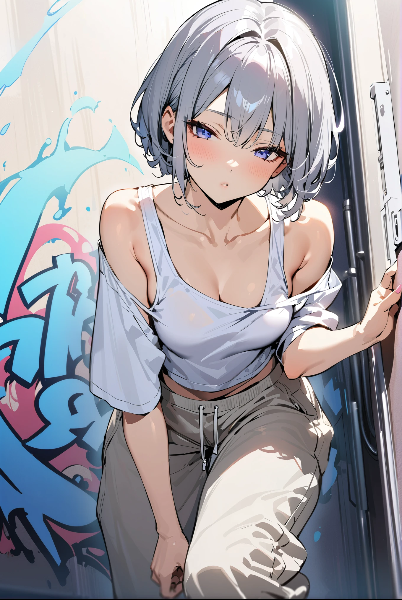 ((Highest quality, masterpiece:1.3)), (cowboy shot), (Sharp focus:1.2), (Beautiful woman with perfect figure:1.4), ((((silver) sheer short haircut))), (She is wearing gray oversized jogger pants and a white tank top.), (A woman in her twenties with a petite frame is leaning against the graffiti wall, looking at me.), (small chest), (black sneakers), (검은 눈동자와 푸른 눈을 가졌다.), (half-closed eyes), (fair skin).