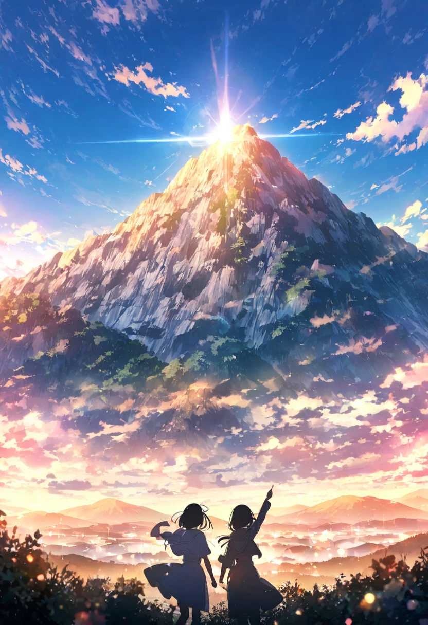 ((anime))、pastel、 woman,Black Hair,White clothes, finger pointing at a mountain,Pointing to a ,mountain in the back, light shines in from the sky,noon