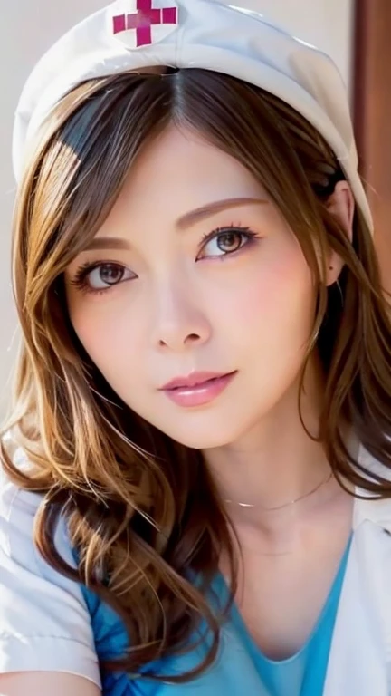 (Photorealistic:1.4, 8k), Please redeem, masterpiece, Ultra-high resolution, Perfect dynamic composition, Big Face、Round face、((Light brown hair:1.4、Half Up:1.4))、Highly detailed skin and face textures:1.3, Limb details, 1 girl, Cute and sexy 30 year old Japanese woman, (Sunburned skin:1.2), ((It will totally charm you:0.9)), ((Nurse costume, Nurse cap)),Medium Chest, (Look away、Beautiful Eyes, Black Eyes, Beautiful erotic eyes:0.85), Sexy Face:0.4, (Mouth closed、Small Mouth、Thick lips、A taste of beautiful eroticism:0.85), ((So cute beauty:0.9))、Natural Makeup、((Extreme close-up))