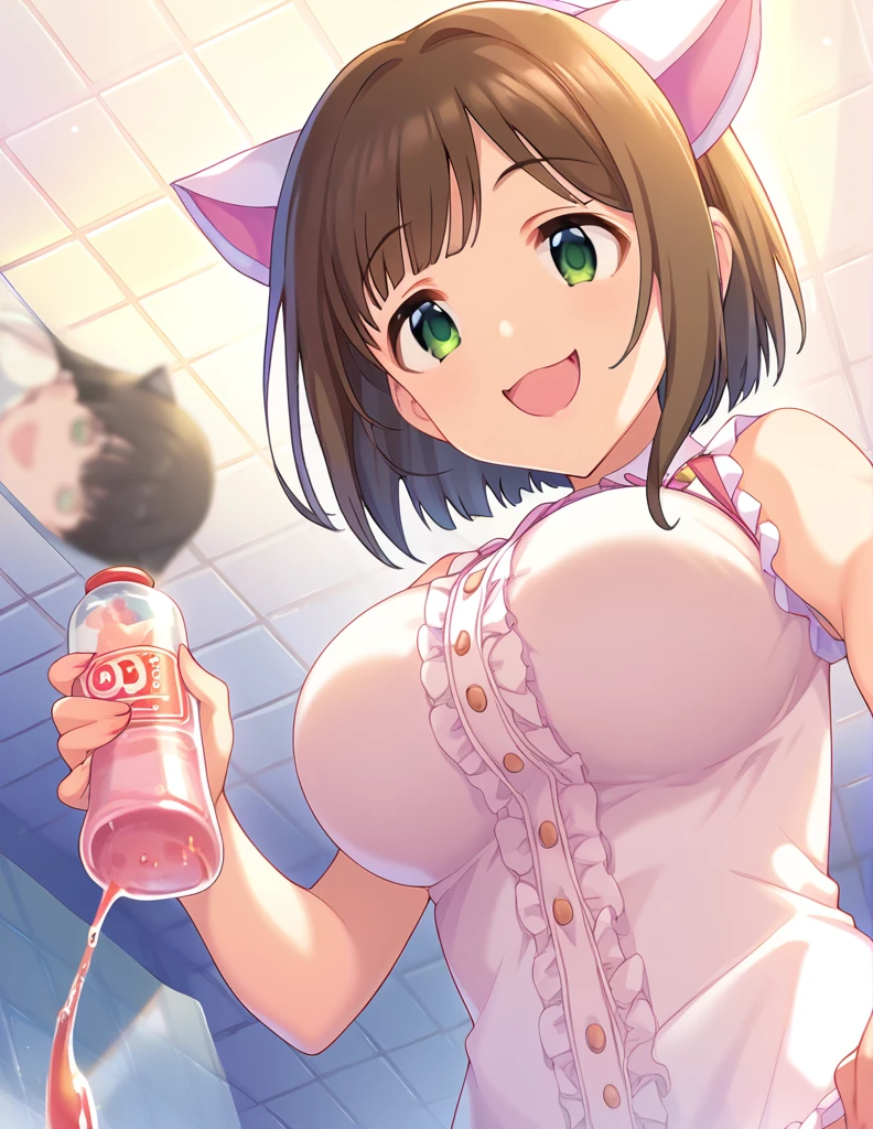  score_9,  score_8_up,  score_7_up, sauce_Anime,1 person，indoor，Jail，Reflection of light，Shadowy Face，Open your mouth， (((smile，)))
   short haired , Brown Hair, bangs, green eyes,Fake cat ears，(( Big Breasts,)) lick&#39;s lips，(( black shiny latex bondage，)) clevis，lip，(((dominatrix，)))
 ,  Animal tails， sensitive ， 視聴者の裁量in ，(((Animal poses，))) spread legs a lot， in、Show off your crotch  ，Looking up from below， looks up from below，
Detailed eyes,