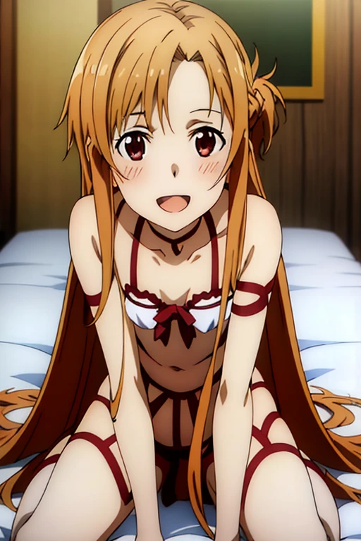 ((Best Quality)), ((masterpiece)), (be familiar with),  perfect face, indoor, bedroom,  watching viewers ,
One woman, Yuuki Asuna,
 open mouth , Ecstatic expression, blush, smile,
Small breasts,  flat chest, , ,  kids, Girl,
Long Hair,  long hair,
Leg spread,