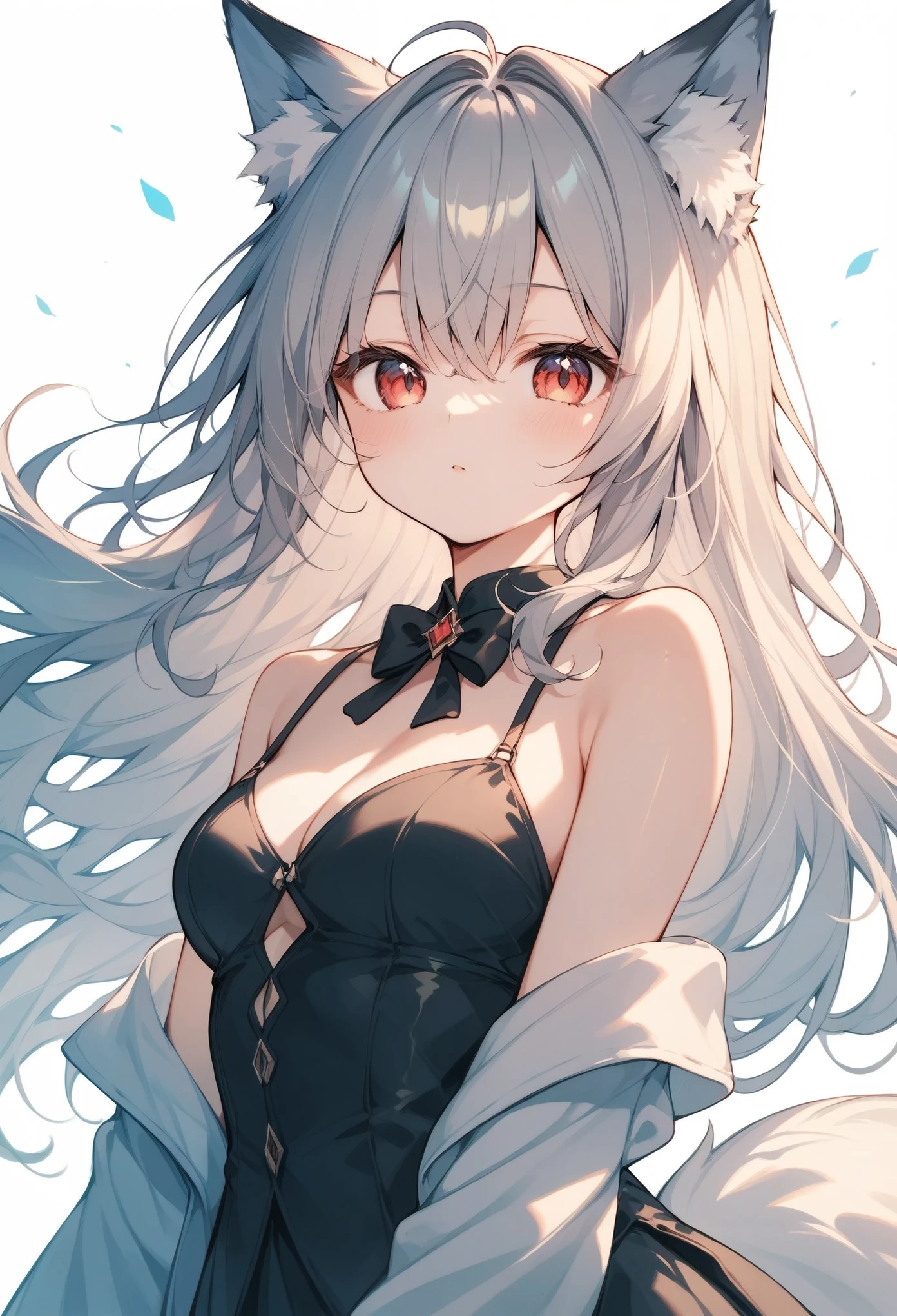 (score_9, score_8_up, score_7_up, score_6_up, score_5_up, score_4_up),Warm Hues 、White fox girl  、Grey Hair、  Smooth Long Hair  、Fox Ears、  Fox's Fluffy Tail  、Ruby Eyes、 Oblique Eyes、:<,cute、Sleepy eyes