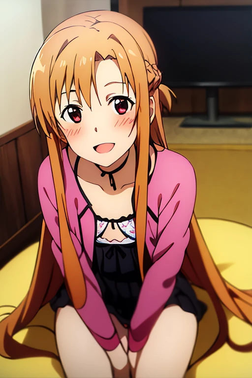 ((Best Quality)), ((masterpiece)), (be familiar with),  perfect face, indoor, bedroom,  watching viewers ,
One woman, Yuuki Asuna,
 open mouth , Ecstatic expression, blush, smile,
Small breasts,  flat chest, , ,  kids, Girl,
Long Hair,  long hair,
Leg spread,