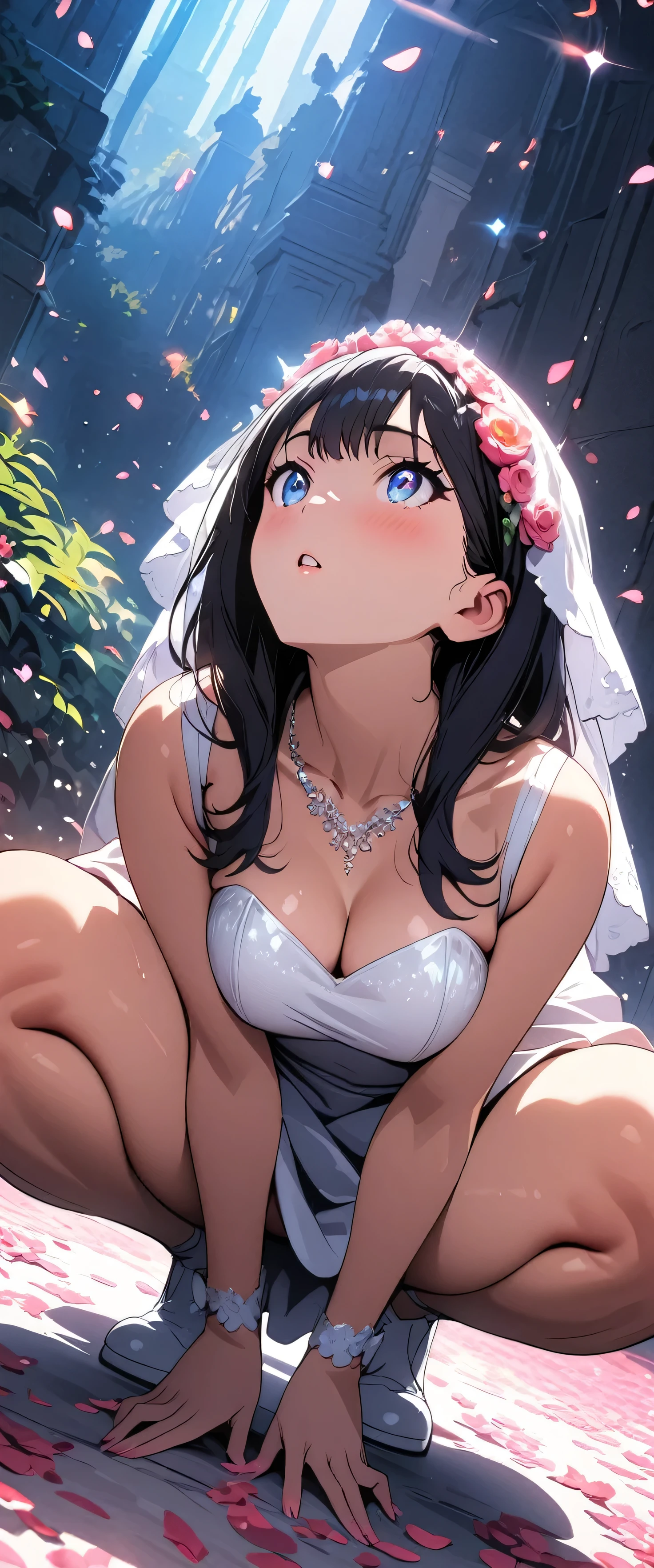 (beautiful girl:1.3),masterpiece,Please redeem,Ultra-high resolution,rich contrast,Very high quality,8k,Highly detailed CG unit wallpaper,Texture,So ridiculous,RAW Photos,Highest quality anime,anime-style illustration,Depth of written boundary 1.2,ultra-detailed eyes,Glowing Skin,Glitter Effect,Beautiful glossy lips,(Wedding Dresses:1.5),Takarada Rikka, , black hair, blue eyes,long hair, bangs,Flower Field,butterflies in flowerbed,petals dancing in the wind,blush,Looking up,Embarrassing,Tilt your head,(squatting, spread legs:2.0),Sleep on your back