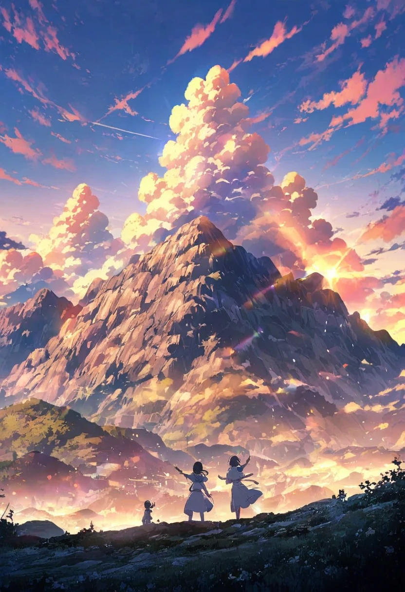 ((anime))、pastel、 woman,Black Hair,White clothes, finger pointing at a mountain,Pointing to a ,mountain in the back, Light Shines in from the Sky,noon