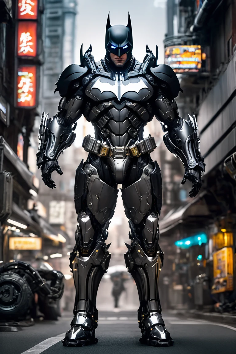  Mechanical Batman Special , Light Black Armor ,  with smooth silver metal armor, Wears smooth black armor,whole body machinery,Mechanical Empire , Cyberpunk Mechanic Soldier , Mechanical Forces ,whole body machinery,Full body photo,Full body close-up ,Full machine city 