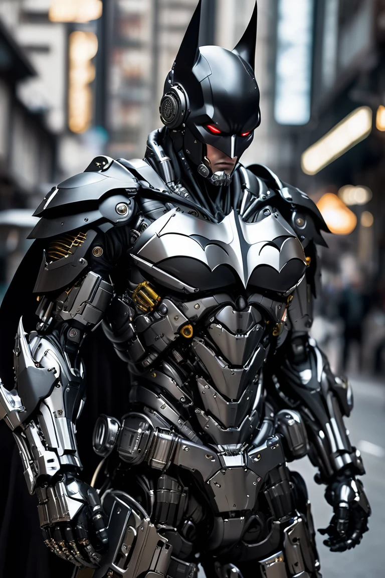  Mechanical Batman Special , Light Black Armor ,  with smooth silver metal armor, Wears smooth black armor,whole body machinery,Mechanical Empire , Cyberpunk Mechanic Soldier , Mechanical Forces ,whole body machinery,Full body photo,Full body close-up ,Full machine city 