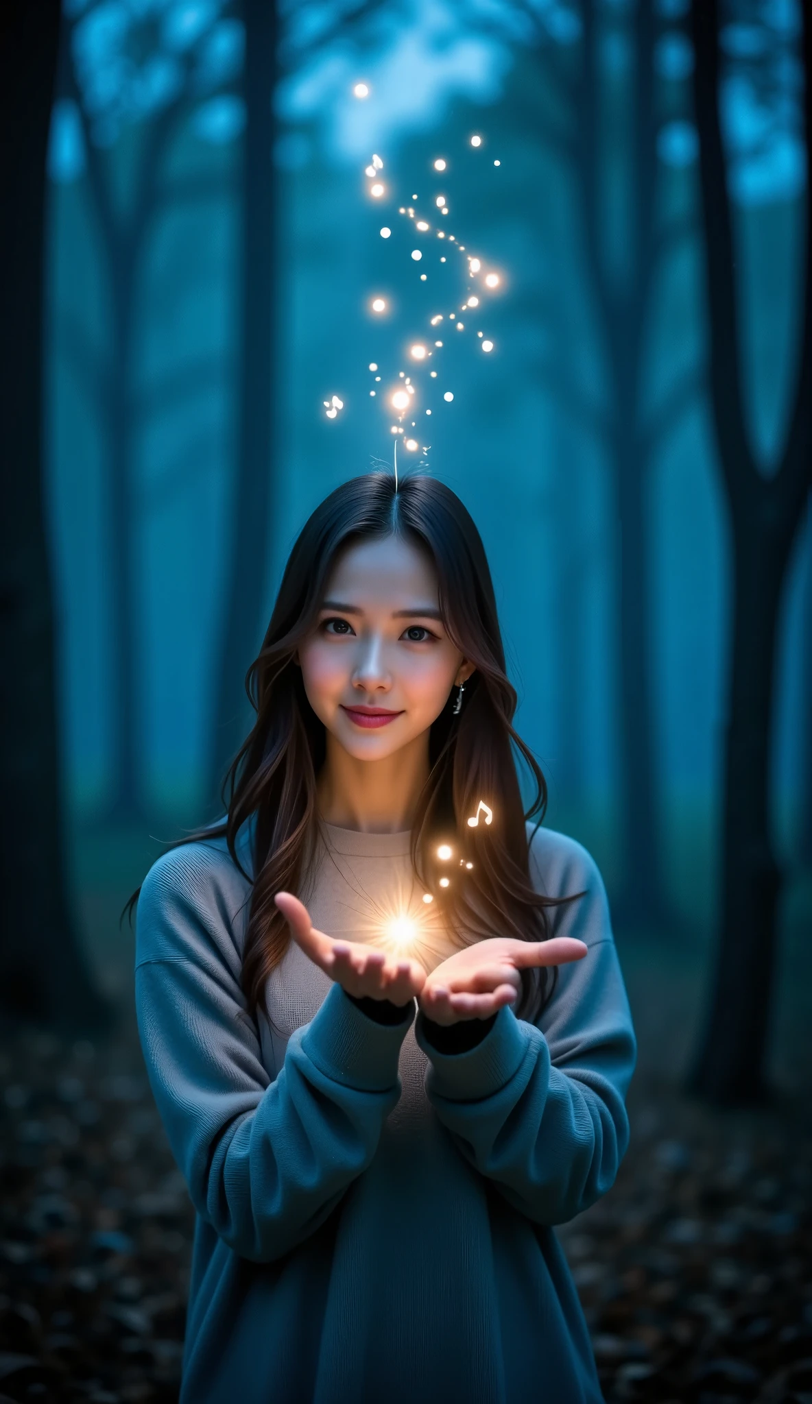 A close-up of an Asian woman standing in a dark, misty forest, facing the camera with a gentle smile. She holds her hand near her mouth, softly blowing over her fingers. As she exhales, faint lights and musical notes flow gracefully from her palm, creating a trail that spirals upward into the night. The glowing notes vary in size, casting a soft, magical glow on her face and hands, illuminating the scene gently.

Surrounding her, the forest is filled with a faint, ethereal mist, with shadows of trees barely visible in the background, adding a sense of mystery. The atmosphere is calm and quiet, bathed in cool blue tones that enhance the surreal, dreamlike feel. The focus remains on her peaceful expression and the delicate movement of the lights and notes, merging light and sound in an enchanting, mystical display.
