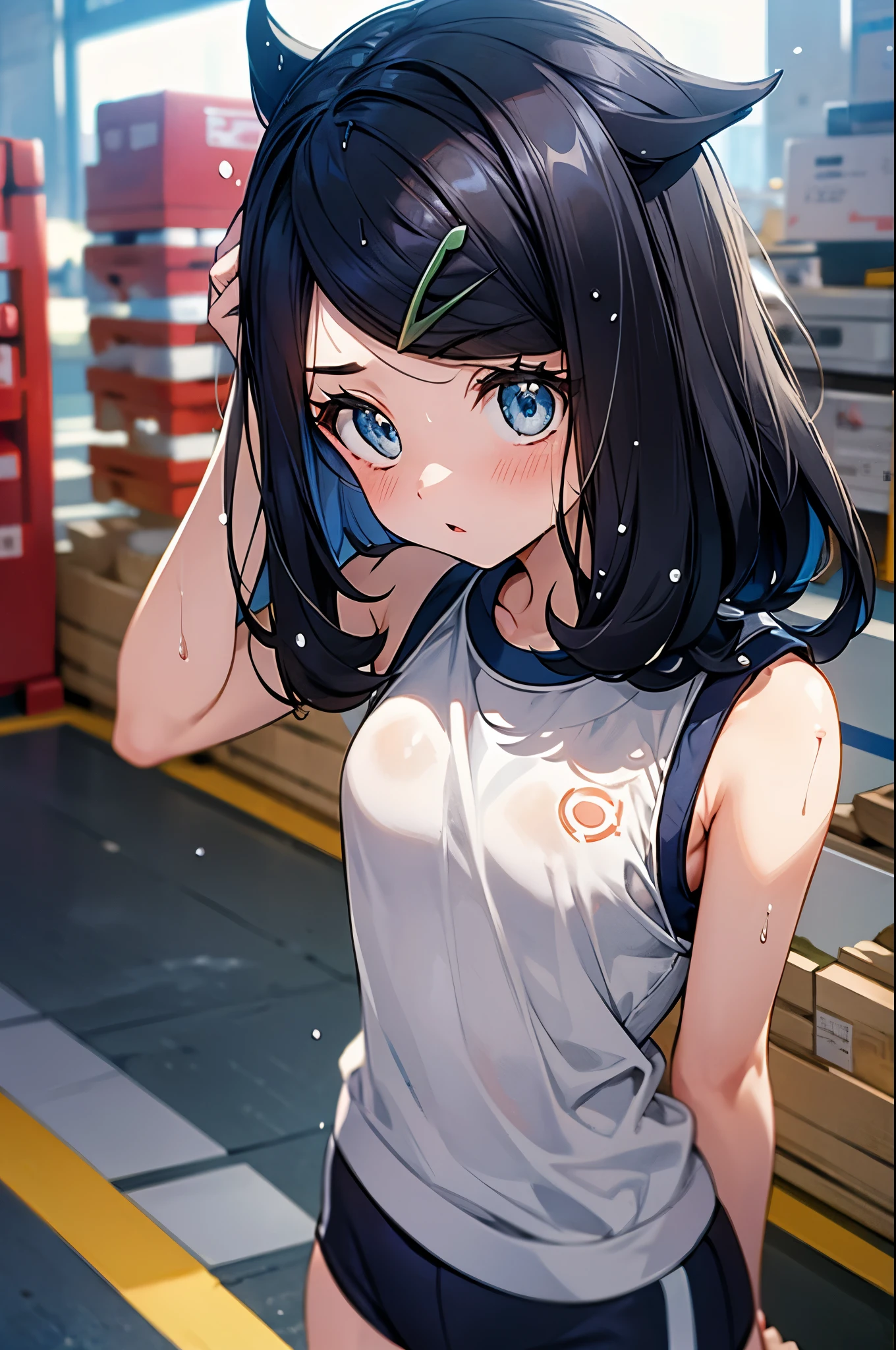 Alone with my girlfriend in gym clothes in the gym warehouse, pokemonliko, hairclip,((wet white gym warehouse)), View Viewer