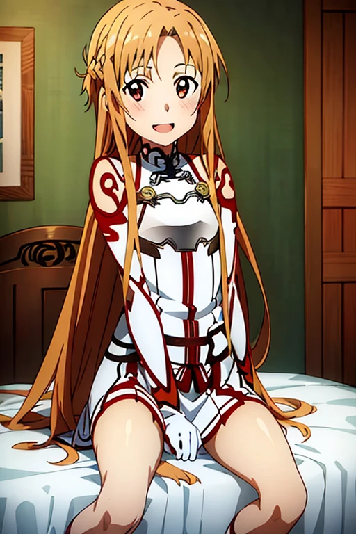 ((Best Quality)), ((masterpiece)), (be familiar with),  perfect face, indoor, bedroom,  watching viewers ,
One woman, Yuuki Asuna,
 open mouth , Ecstatic expression, blush, smile,
Small breasts,  flat chest, , ,  kids, Girl,
Long Hair,  long hair,
Leg spread,