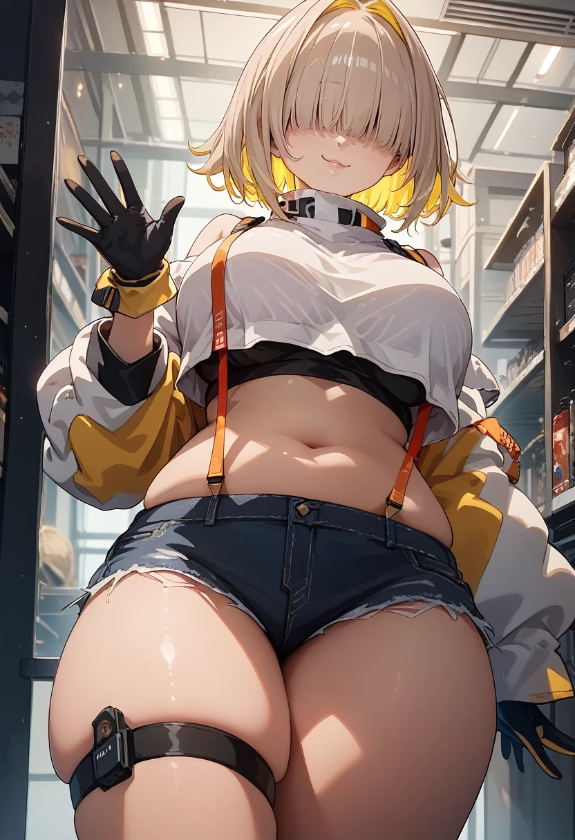 score_9, score_8_up, score_7_up, source_anime BREAK 1girl, solo, elegg, short hair, bangs, hair intakes, multicolored hair, hair over eyes, crop top, bare shoulders, long sleeves, suspenders, midriff, navel, short shorts, thigh strap, gloves, large breasts, looking at viewer, thick thighs, plump, standing, smug, waving
