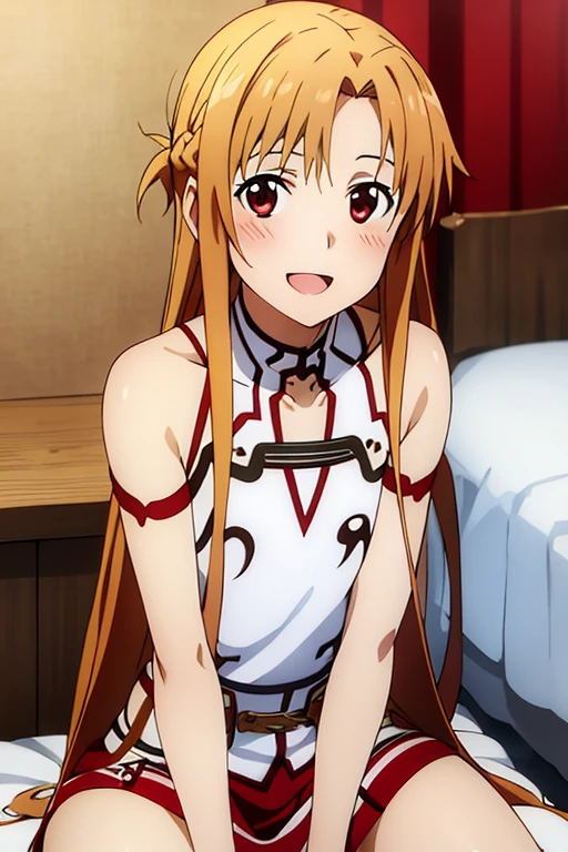 ((Best Quality)), ((masterpiece)), (be familiar with),  perfect face, indoor, bedroom,  watching viewers ,
One woman, Yuuki Asuna,
 open mouth , Ecstatic expression, blush, smile,
Small breasts,  flat chest, , ,  kids, Girl,
Long Hair,  long hair,
Leg spread,