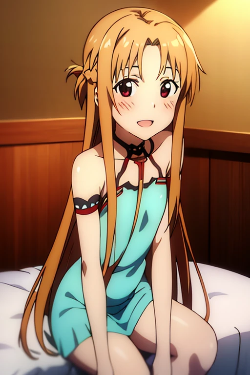 ((Best Quality)), ((masterpiece)), (be familiar with),  perfect face, indoor, bedroom,  watching viewers ,
One woman, Yuuki Asuna,
 open mouth , Ecstatic expression, blush, smile,
Small breasts,  flat chest, , ,  kids, Girl,
Long Hair,  long hair,
Leg spread,