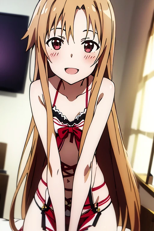 ((Best Quality)), ((masterpiece)), (be familiar with),  perfect face, indoor, bedroom,  watching viewers ,
One woman, Yuuki Asuna,
 open mouth , Ecstatic expression, blush, smile,
Small breasts,  flat chest, , ,  kids, Girl,
Long Hair,  long hair,
Leg spread,