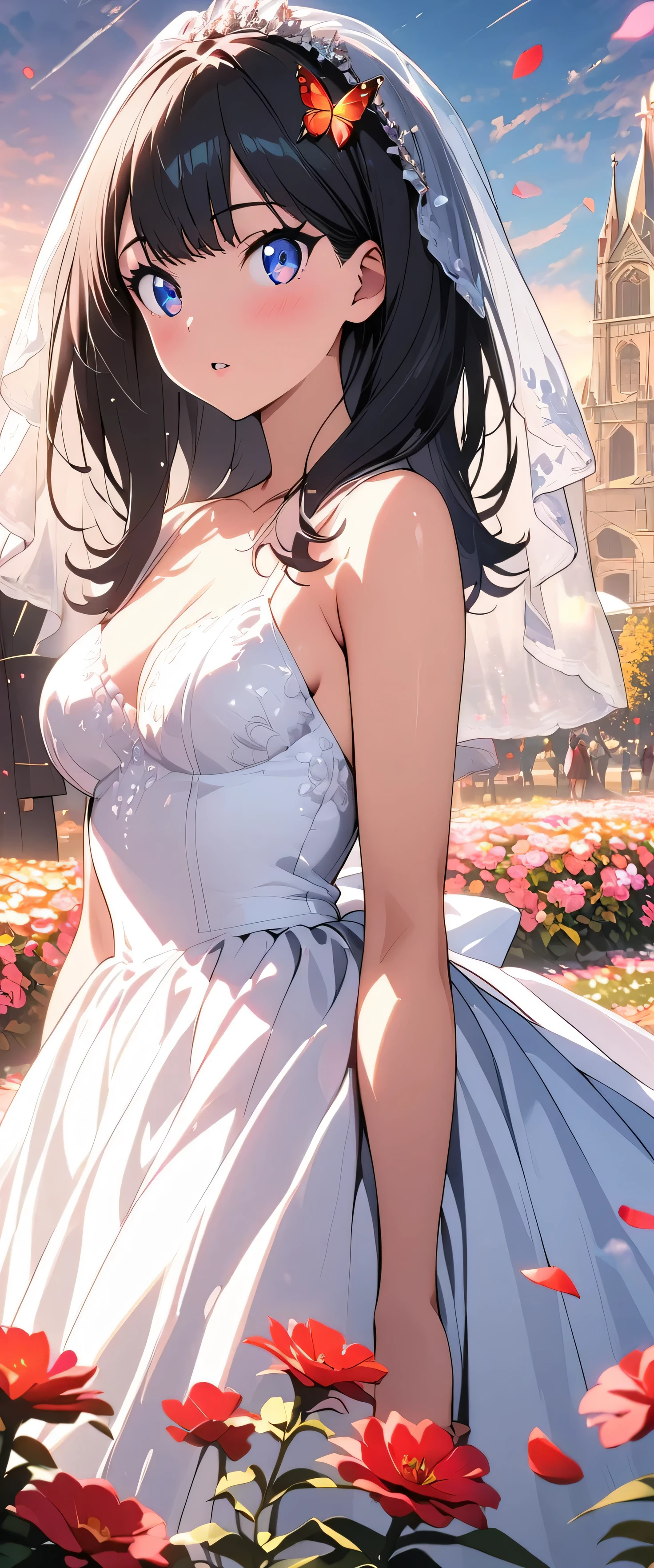 (beautiful girl:1.3),masterpiece,Please redeem,Ultra-high resolution,rich contrast,Very high quality,8k,Highly detailed CG unit wallpaper,Texture,So ridiculous,RAW Photos,Highest quality anime,anime-style illustration,Depth of written boundary 1.2,ultra-detailed eyes,Glowing Skin,Glitter Effect,Beautiful glossy lips,(Wedding Dresses:1.5),Takarada Rikka, , black hair, blue eyes,long hair, bangs,Flower Field,(((Kissing with the priest))),1boy,butterflies in flowerbed,petals dancing in the wind,