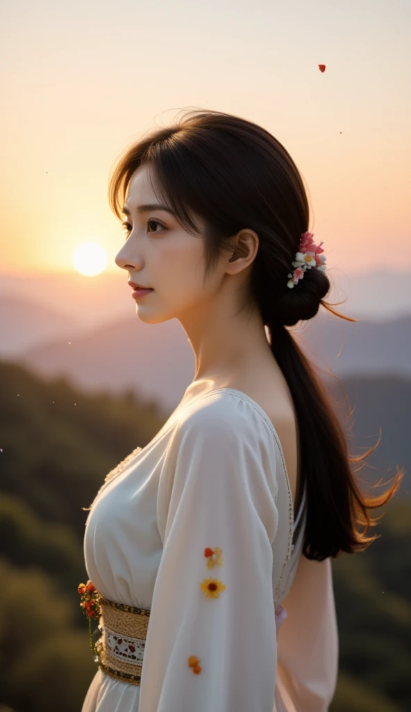 A breathtaking scene of an Asian woman in profile, standing against a warm, golden sunset. Her gaze is soft and thoughtful, directed slightly downward as if lost in the tranquility of the moment. Her dark hair flows naturally over her shoulders, subtly lifted by a gentle breeze, with strands catching the sunlight, creating a delicate halo effect around her silhouette. Her hair is adorned with a beautiful floral accessory, featuring small, vibrant flowers and berries, adding a touch of color that contrasts with the softer hues of the sunset. The light from the setting sun enhances her features, highlighting her gentle expression with a warm glow.

She is dressed in a flowing, white traditional-style blouse, embroidered with delicate floral patterns along the sleeves, adding a subtle yet elegant detail that speaks of craftsmanship. The blouse drapes softly over her shoulders, capturing the soft, evening light, and transitions seamlessly into a woven belt at her waist. The belt, decorated with intricate patterns and earthy tones, accentuates her natural figure while grounding the overall composition in a subtle, traditional aesthetic.

The background features a vast, expansive landscape stretching toward the horizon, where rolling hills meet the sunlit sky. The sky is painted in gradients of soft pinks, purples, and warm oranges, blending together to create a serene, peaceful ambiance that complements her thoughtful pose. Small flecks of light, like floating petals or dust particles, drift through the air, adding a magical, ethereal quality to the scene, as if capturing the fleeting beauty of the moment.

Her expression, peaceful and introspective, resonates with the tranquil beauty of the landscape, as though she is in harmony with the natural world around her. The overall atmosphere is calm, capturing the quiet beauty of dusk, with the fading light casting long shadows that enhance the sense of depth in the scene. The balance of soft lighting and delicate details 