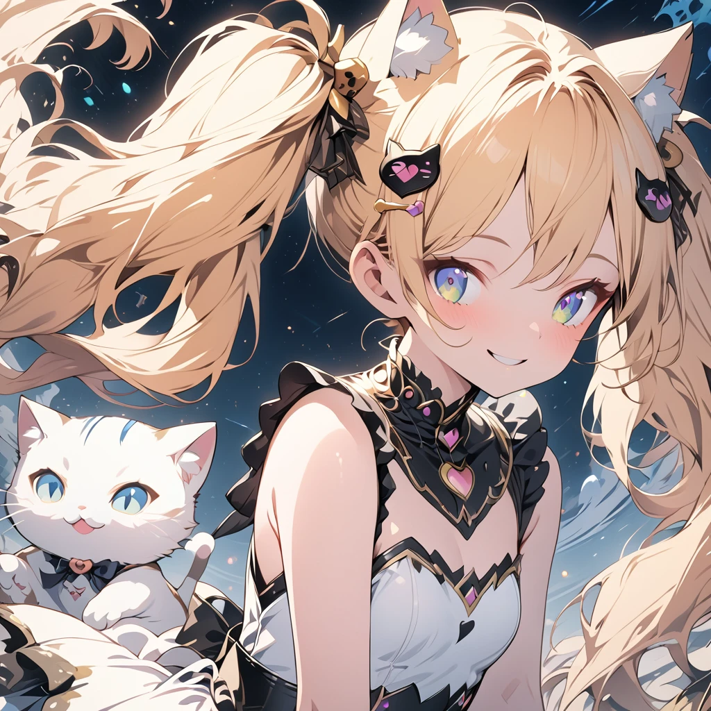 Absurd,anime,Detailed and beautiful eyes,(art),(artistic clothing:1.5),Cat costume,HEART,sleeveless,Blonde, twin tails,smile,(a girl:1.5),from the waist up,(small breasts:1.2),(small chest:1.2),mysterious,Hello,(Large detailed hair ornament:1.2),(look away:1.5),detailed clothes,Flashy Moves,Mechanical,masterpiece, moe kawaii,abyss,luster,lame,(ultra detailed:1.2), ((highest quality)) ,Extremely Delicately Beautiful ,64k