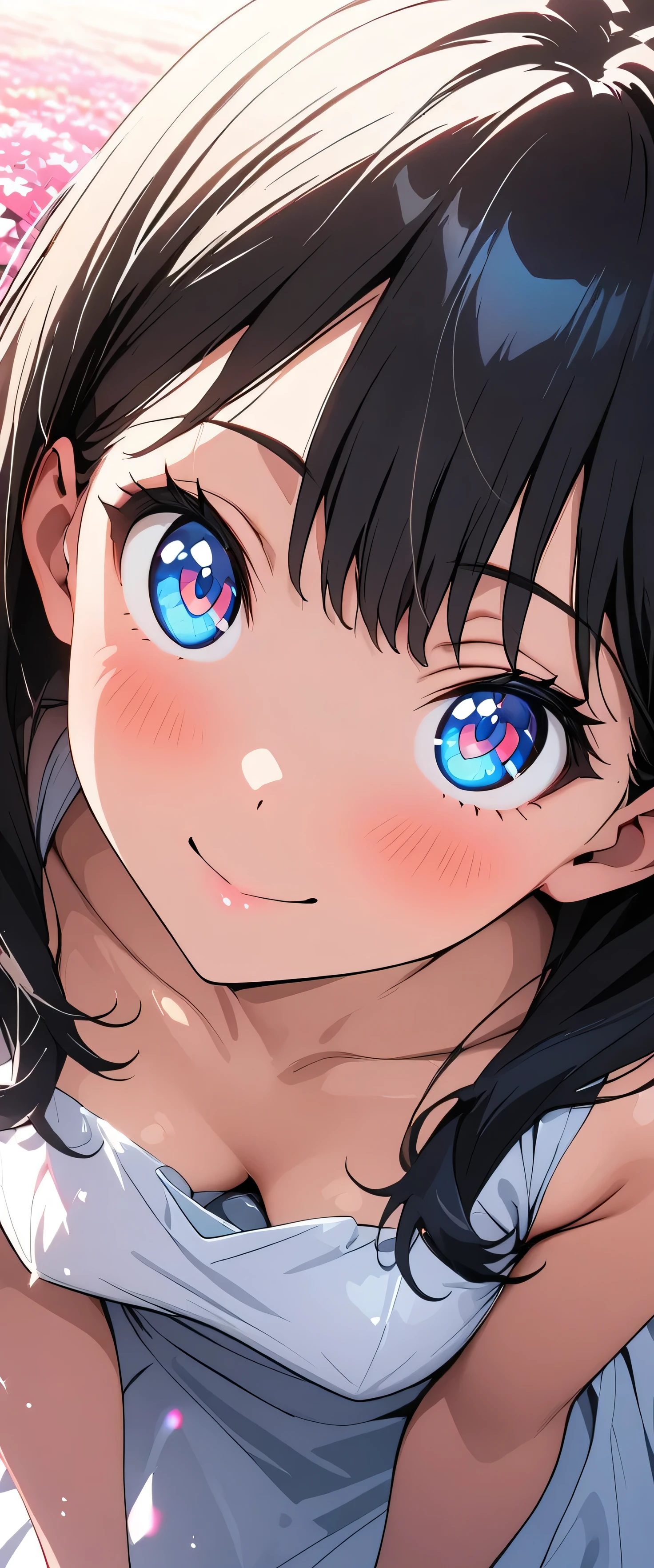 (beautiful girl:1.3),masterpiece,Please redeem,Ultra-high resolution,rich contrast,Very high quality,8k,Highly detailed CG unit wallpaper,Texture,So ridiculous,RAW Photos,Highest quality anime,anime-style illustration,Depth of written boundary 1.2,ultra-detailed eyes,Glowing Skin,Glitter Effect,Beautiful glossy lips,(Wedding Dresses:1.5),Takarada Rikka, , black hair, blue eyes,long hair, bangs,Flower Field,Leaning forward,butterflies in flowerbed,petals dancing in the wind,smile, closed mouth,blush,Looking up,Embarrassing,Tilt your head 